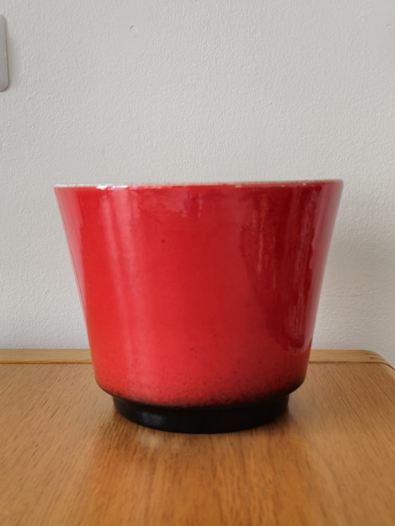 Image 1 of Large Vintage Flower Pot Ceramic Red Blue