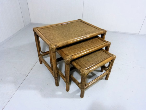 Image 1 of set de tables d'appoint mimi en rotin vintage 1970