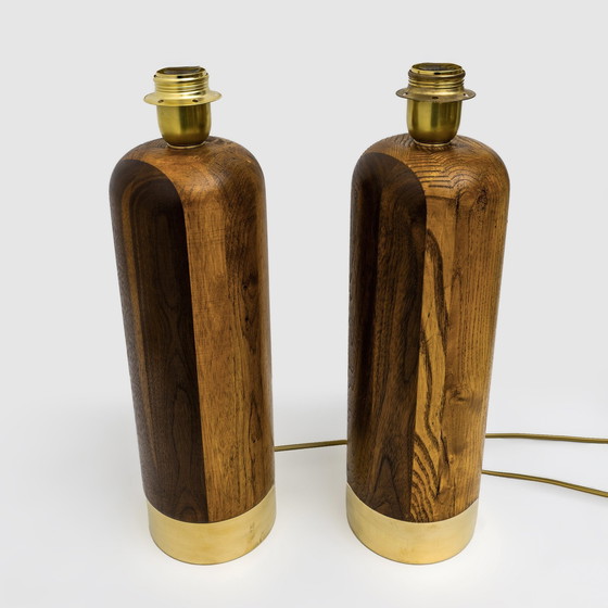 Image 1 of Pair Of Mid-Century Modern Style Italian Wood And Brass Table Lamps