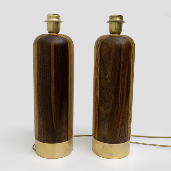 Image 1 of Pair Of Mid-Century Modern Style Italian Wood And Brass Table Lamps