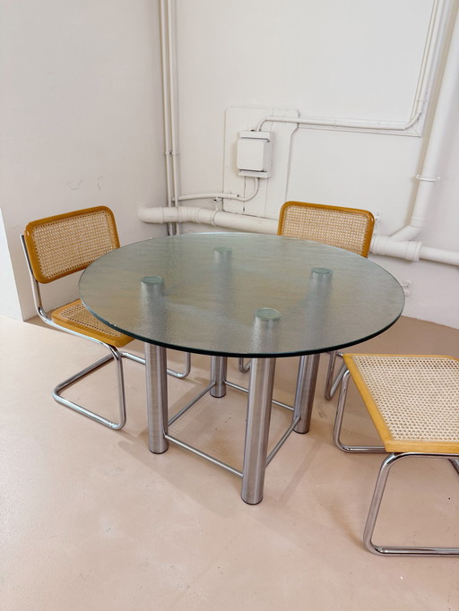 Round Glass 80S Metaform Table With Stainless Steel Legs