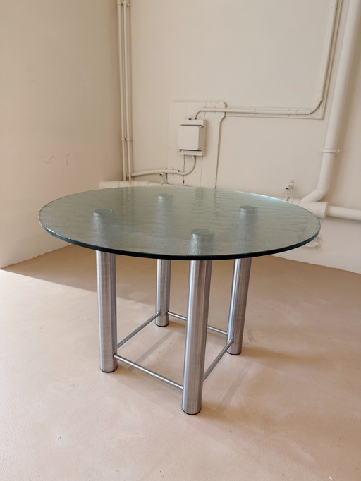 Round Glass 80S Metaform Table With Stainless Steel Legs