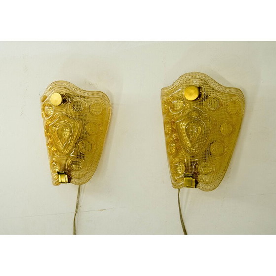 Image 1 of Pair of vintage thick smoked glass sconces with relief by Vitrika, Denmark 1970