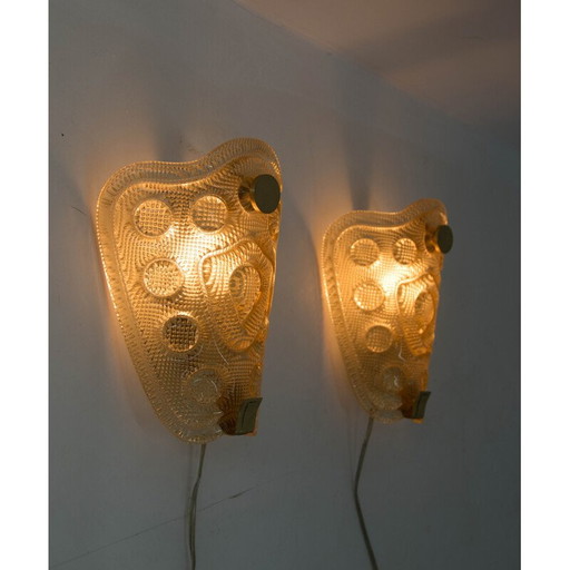 Pair of vintage thick smoked glass sconces with relief by Vitrika, Denmark 1970