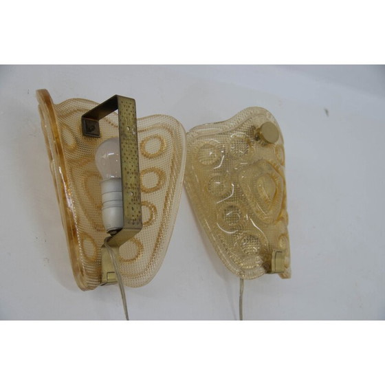Image 1 of Pair of vintage thick smoked glass sconces with relief by Vitrika, Denmark 1970