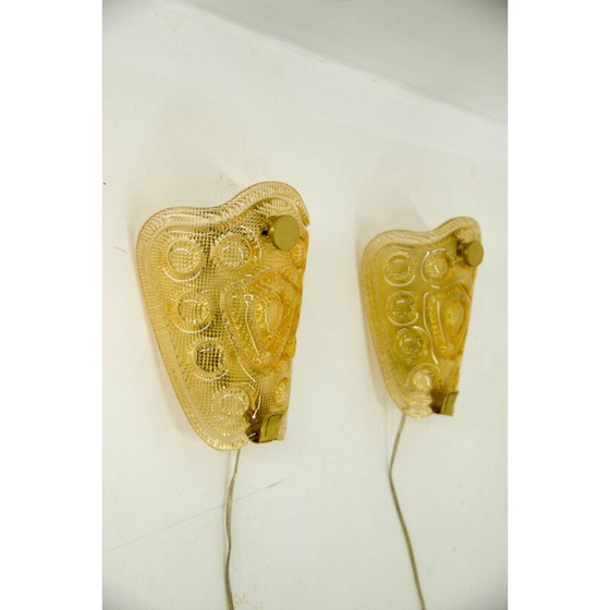 Image 1 of Pair of vintage thick smoked glass sconces with relief by Vitrika, Denmark 1970