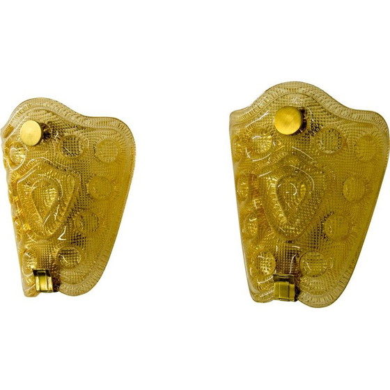 Image 1 of Pair of vintage thick smoked glass sconces with relief by Vitrika, Denmark 1970