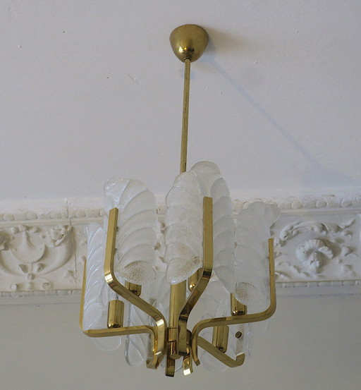 Brass & Glass Acanthus Leaf Chandelier By Carl Fagerlund For Orrefors, Sweden, 1960S