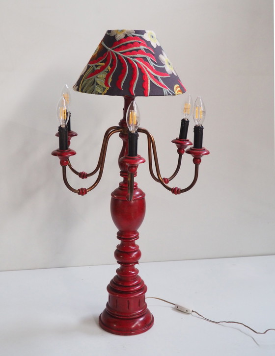 Image 1 of Large Carved Wood Lamp - Embroidery Shadow Jane Churchill Fabric 