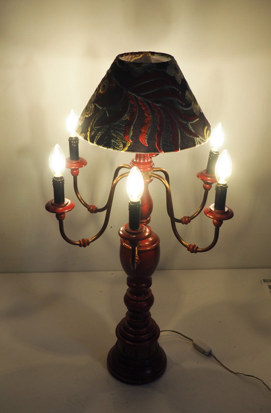 Image 1 of Large Carved Wood Lamp - Embroidery Shadow Jane Churchill Fabric 