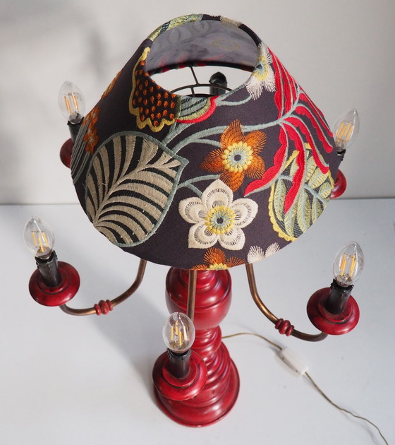 Image 1 of Large Carved Wood Lamp - Embroidery Shadow Jane Churchill Fabric 