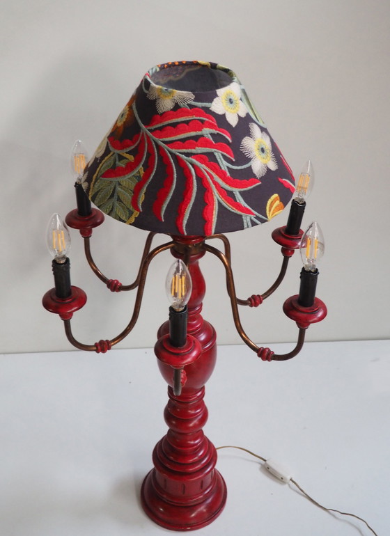 Image 1 of Large Carved Wood Lamp - Embroidery Shadow Jane Churchill Fabric 