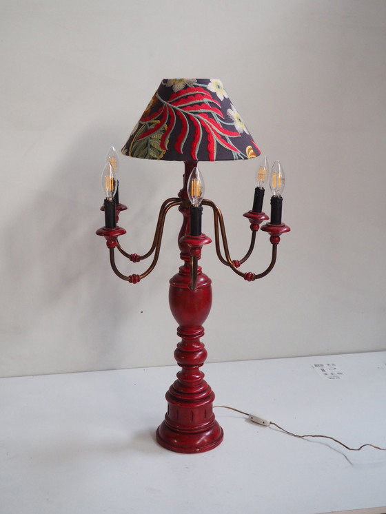 Image 1 of Large Carved Wood Lamp - Embroidery Shadow Jane Churchill Fabric 