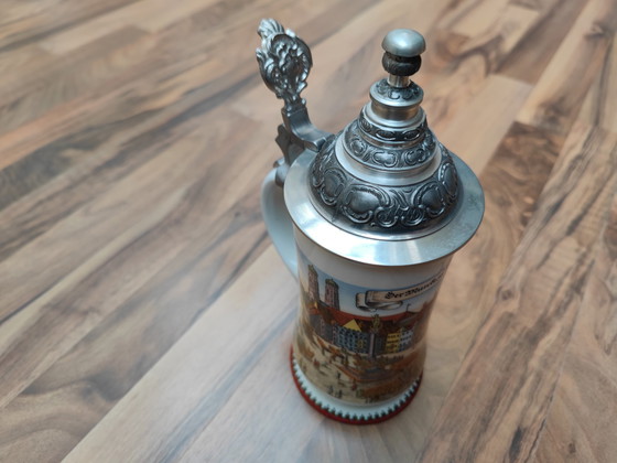Image 1 of Beer mug with pewter lid "Der Markt zu München" Dr. Markle Atelier, hand-decorated