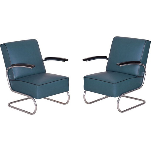 Pair of vintage blue leather armchairs by Mucke Melder, Czechia 1930s