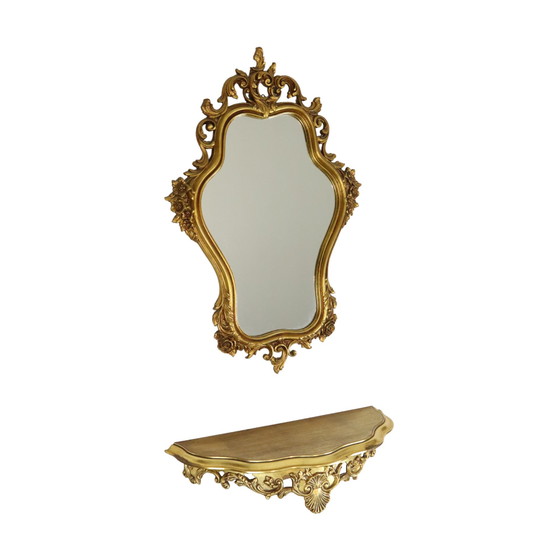 Image 1 of Miroir doré de style rococo avec console