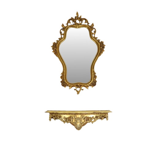 Miroir doré de style rococo avec console