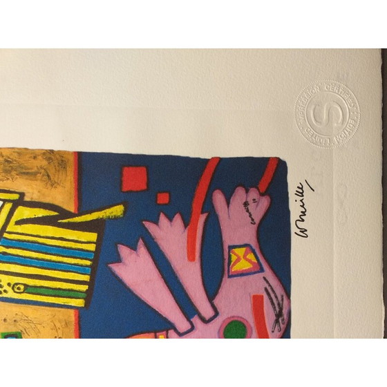 Image 1 of Litografía antigua "Dos pájaros y un gato" de Corneille, 2010