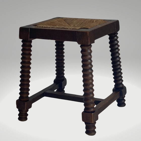 Image 1 of Tabouret en bois tourné brutaliste dans le style de Charles Dudouyt