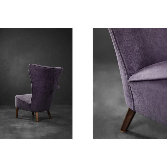 Image 1 of Poltrona vintage con schienale alto in rovere e tessuto viola, Danimarca 1950