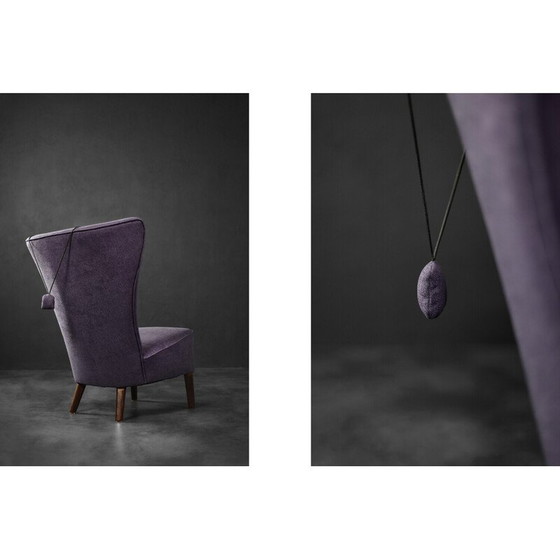 Image 1 of Poltrona vintage con schienale alto in rovere e tessuto viola, Danimarca 1950
