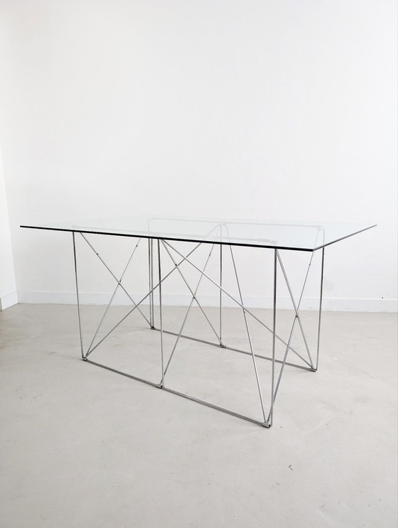 Image 1 of Foldable Steel & Glass Dining Table By Max Sauze 1970'S