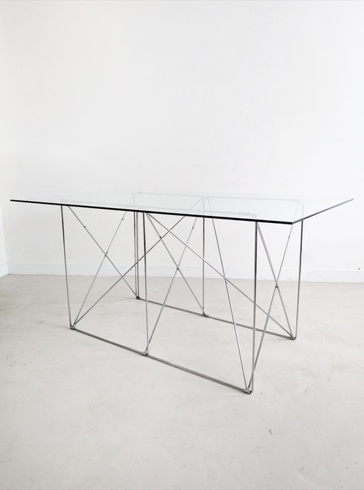 Foldable Steel & Glass Dining Table By Max Sauze 1970'S