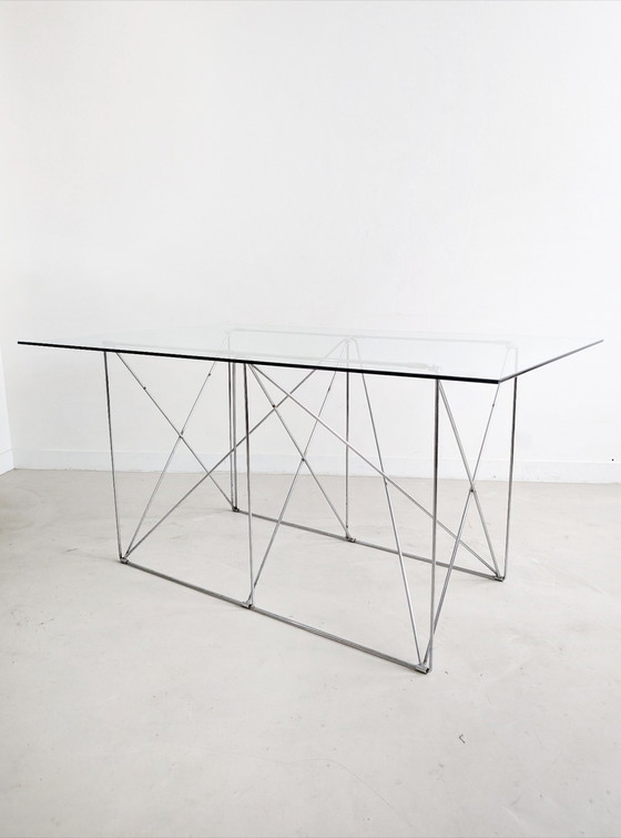 Image 1 of Foldable Steel & Glass Dining Table By Max Sauze 1970'S