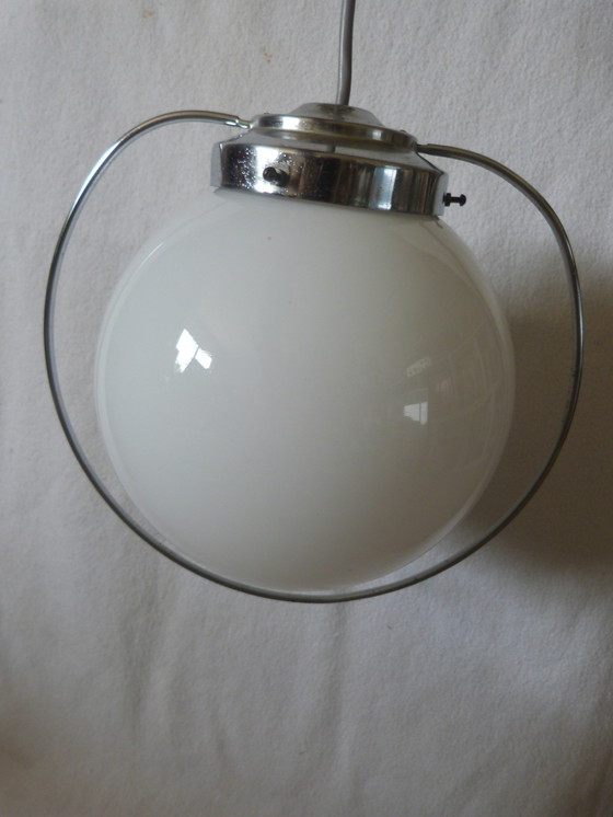 Image 1 of Lustre plafonnier en verre et inox vintage