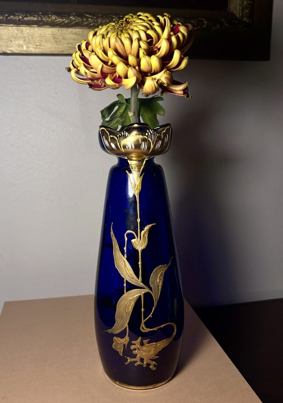 Image 1 of Vase Cobalt Glass Painted Gold - Legras & Cie