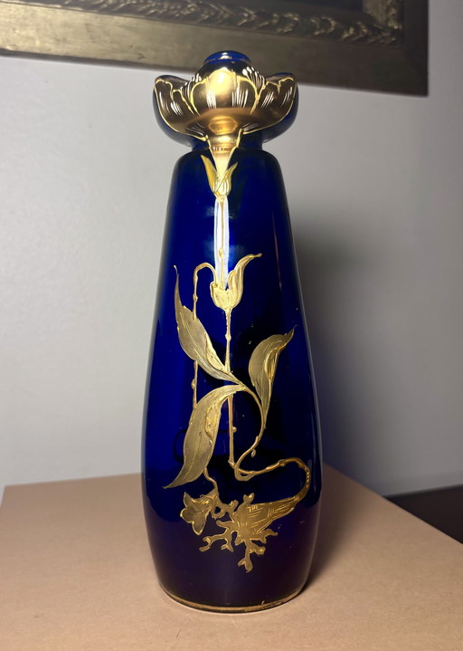 Vase Cobalt Glass Painted Gold - Legras & Cie