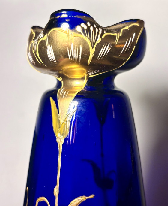 Image 1 of Vase Cobalt Glass Painted Gold - Legras & Cie