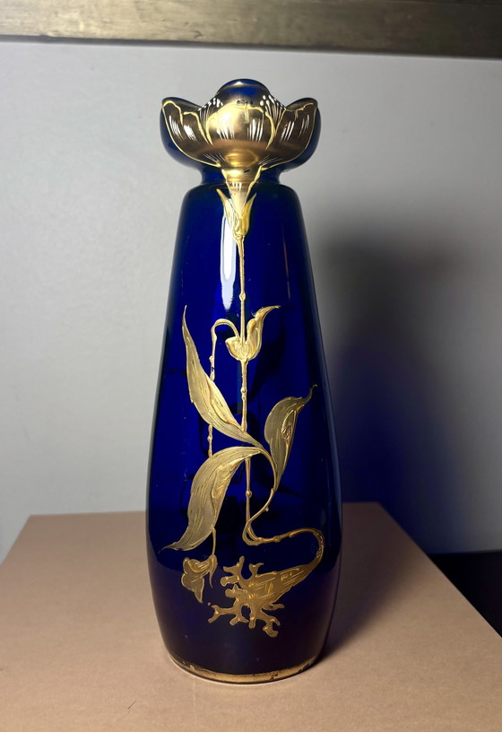 Image 1 of Vase Cobalt Glass Painted Gold - Legras & Cie