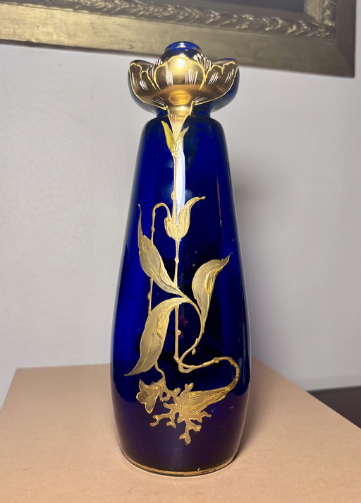 Vase Cobalt Glass Painted Gold - Legras & Cie