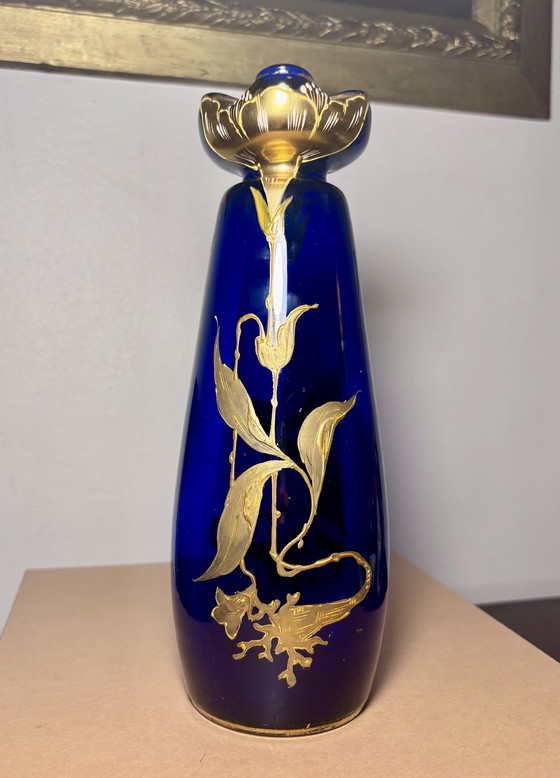 Image 1 of Vase Cobalt Glass Painted Gold - Legras & Cie