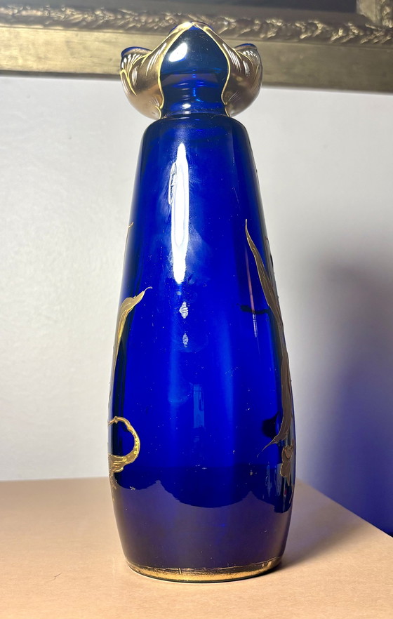 Image 1 of Vase Cobalt Glass Painted Gold - Legras & Cie