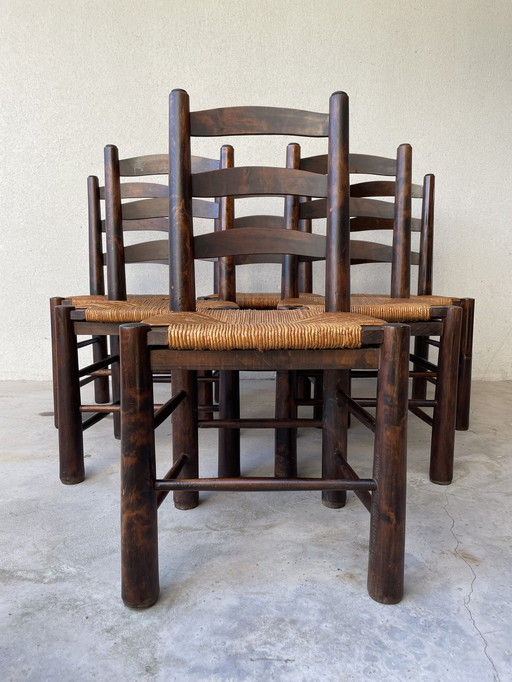 6 Georges Robert Brutalist Oak Chairs 1950