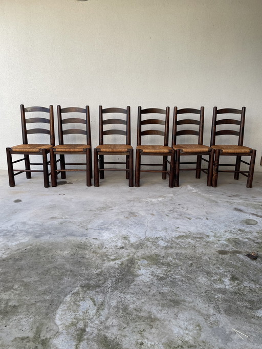 6 Georges Robert Brutalist Oak Chairs 1950