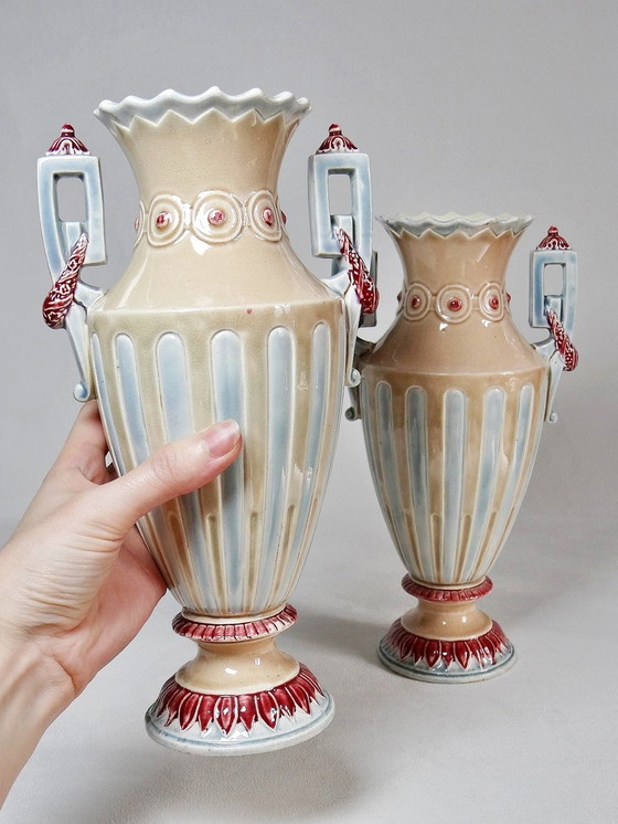 Image 1 of Pair De Vases Majolique, Barbotine Art Déco Anciens Dans Le Goût De Minton Anciens