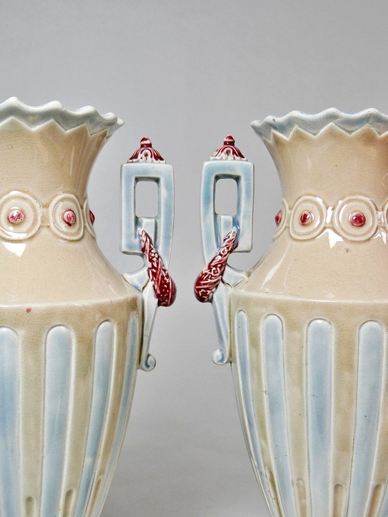 Image 1 of Pair De Vases Majolique, Barbotine Art Déco Anciens Dans Le Goût De Minton Anciens