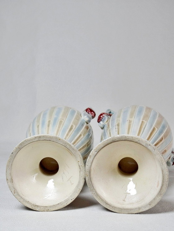 Image 1 of Pair De Vases Majolique, Barbotine Art Déco Anciens Dans Le Goût De Minton Anciens