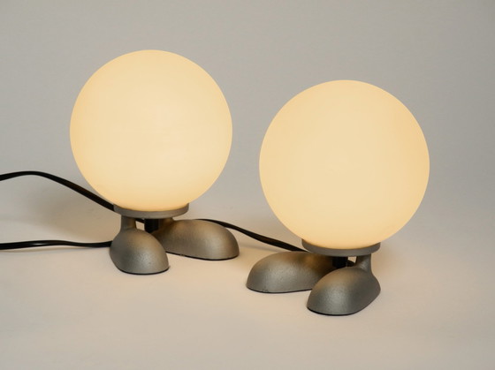 Image 1 of Pair Of Rare 1990S Table Lamps With A Cast Aluminum Base With Feet And A Spherical Glass Lampshade Made By Sompex