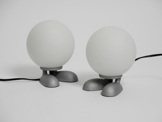 Image 1 of Pair Of Rare 1990S Table Lamps With A Cast Aluminum Base With Feet And A Spherical Glass Lampshade Made By Sompex