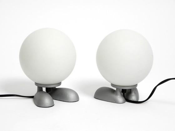 Image 1 of Pair Of Rare 1990S Table Lamps With A Cast Aluminum Base With Feet And A Spherical Glass Lampshade Made By Sompex