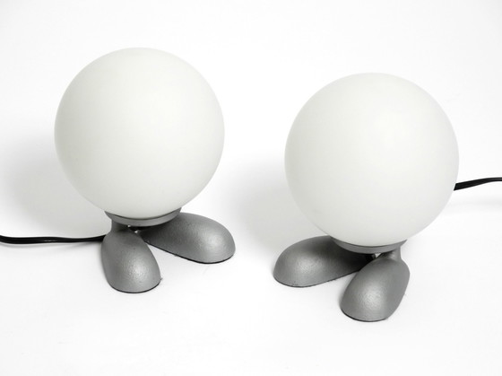 Image 1 of Pair Of Rare 1990S Table Lamps With A Cast Aluminum Base With Feet And A Spherical Glass Lampshade Made By Sompex