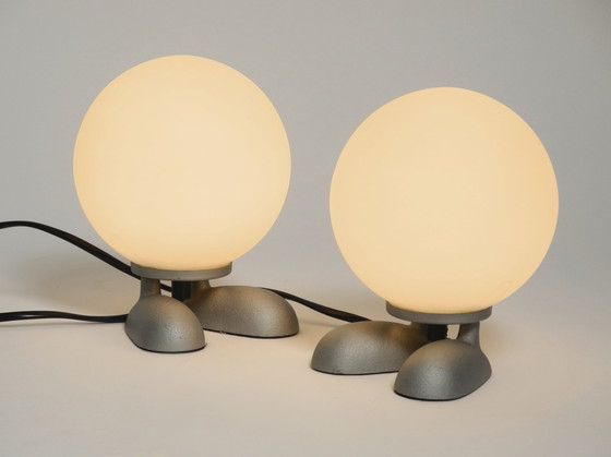 Image 1 of Pair Of Rare 1990S Table Lamps With A Cast Aluminum Base With Feet And A Spherical Glass Lampshade Made By Sompex