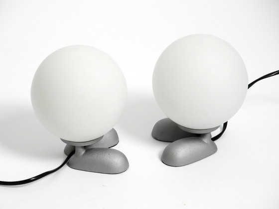 Image 1 of Pair Of Rare 1990S Table Lamps With A Cast Aluminum Base With Feet And A Spherical Glass Lampshade Made By Sompex