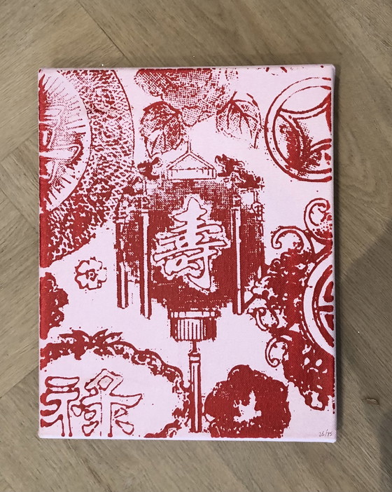 Image 1 of 4x Silkscreen Lilian van Stekelenburg 'Shanghai Suprise' in pink/red