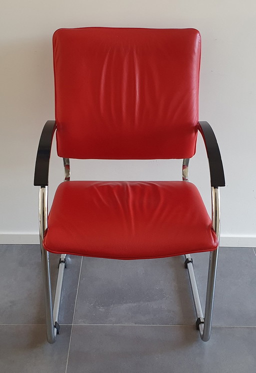 Thonet tubular frame chair red leather