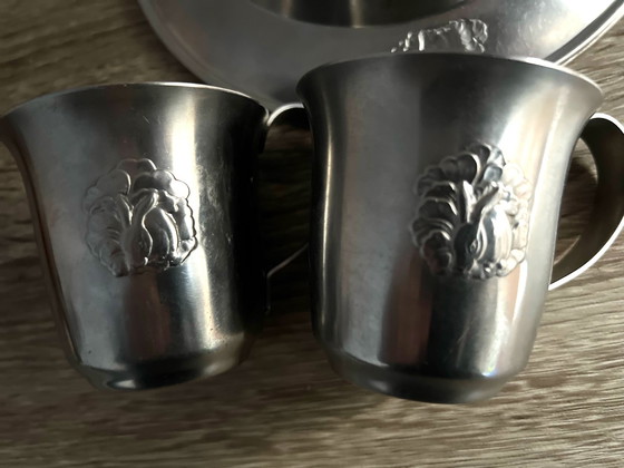 Image 1 of 2x Gero Zilmeta pewter plates and 2 pewter cups with rabbit borders